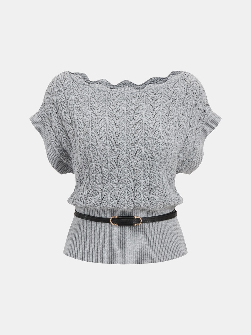 COMMENSE Scallop Neck Belted Knit Top